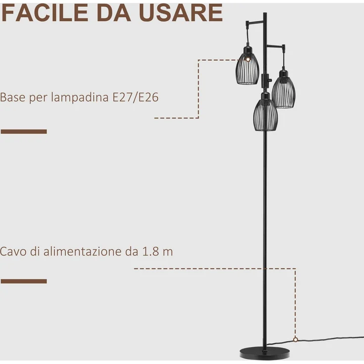 JARDJ Industrielle Stehlampe mit 3 Lampenschirmen und einstellbarem Dimmer, aus Stahl, 30 x 30 x 170,5 cm, Schwarz – Bild 8