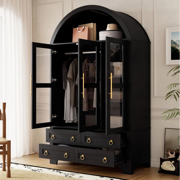 Kleiderschrank 110x50x186 cm mit 3 Glastüren, 4 Schubladen und App-steuerbarer LED-Beleuchtung – Schwarz – Bild 2