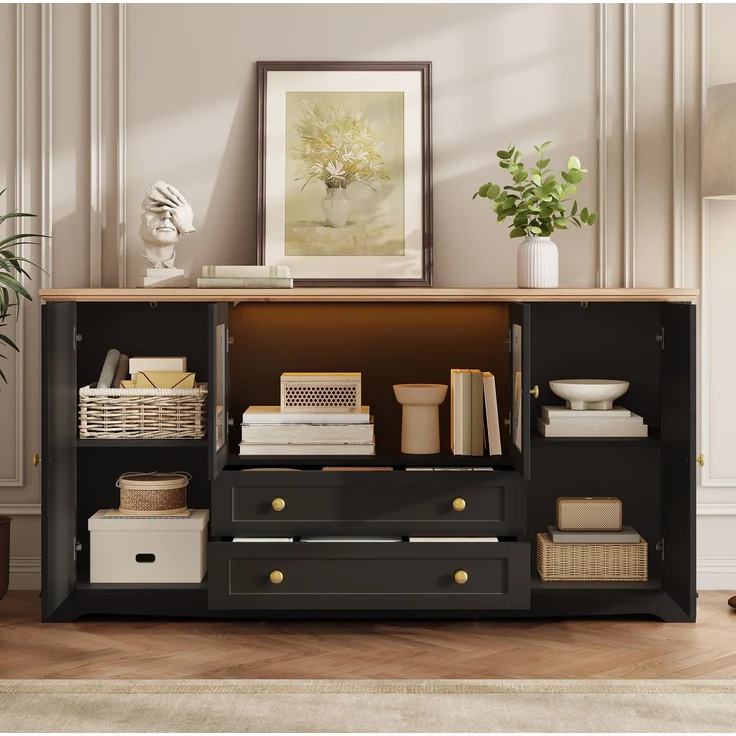 Sideboard 160 x 40 x 80,5 cm mit Glastüren, Schubladen und App-steuerbarer LED-Beleuchtung – Bild 2