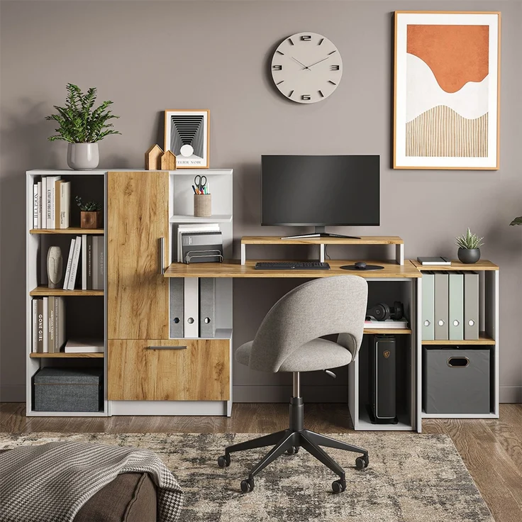 Schreibtisch Tomy Weiß/Goldkraft Eiche 150x59 cm 5er Set Vicco – Bild 6