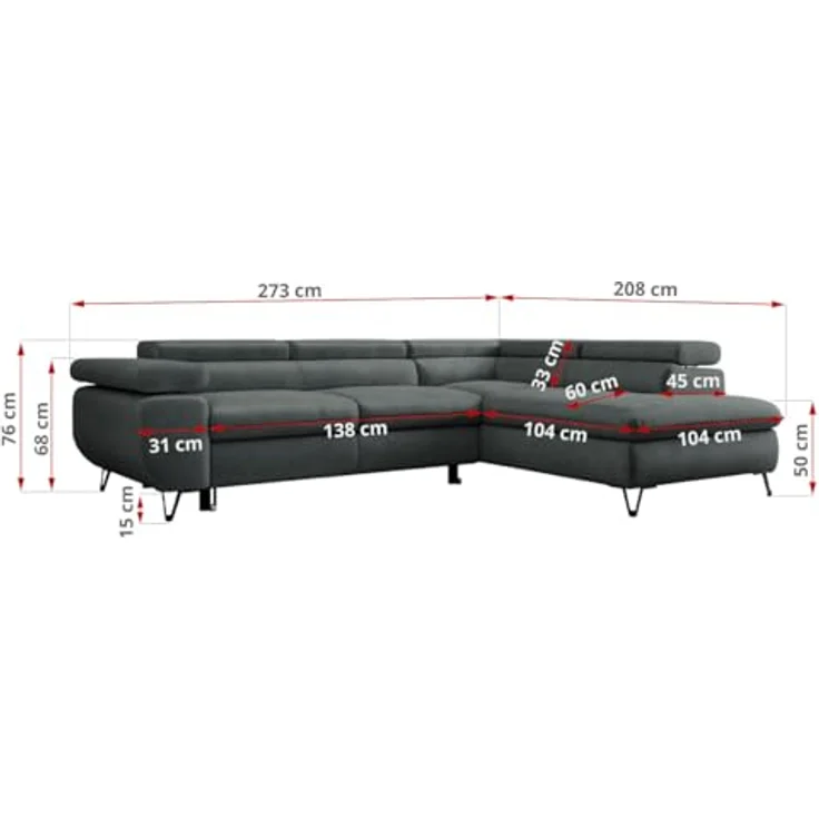 Mks Möbel 'Peter L-form' Ecksofa mit Bettfunktion, Bettkasten & einstellbaren Kopfstützen, Dunkelgrau, Mikrofaser, links – Bild 4