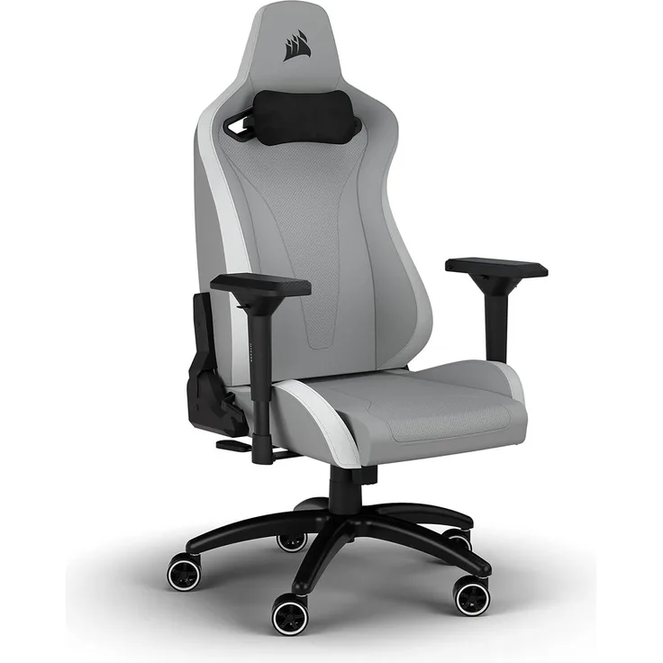 Corsair TC200 Gaming-Stuhl aus Kunstleder, Standard Fit (Langanhaltenden Komfort, Bezug aus Weichem Kunstleder, Integrierte Lendenstütze aus Schaumstoff, 4D-Armlehnen) Hellgrau/Weiß