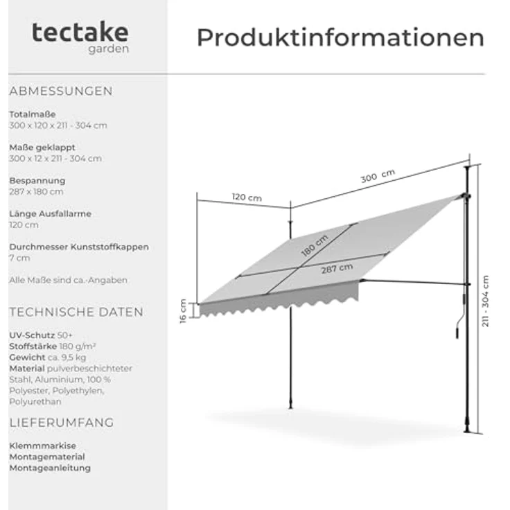 tectake® Klemmmarkise mit Handkurbel, Balkon Markise ohne Bohren, Markise höhenverstellbar, UV-beständig, wasserabweisend, Terrassenüberdachung, Sonnenschutz Terrasse & Balkon, Breite 300 cm -hellgrau – Bild 7
