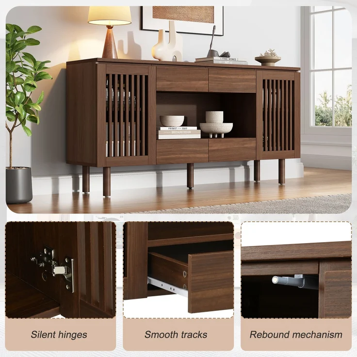 ZUBALIYA Sideboard 140x35x71 cm, mit 4 Schubladen, aus MDF, Walnuss – Bild 14