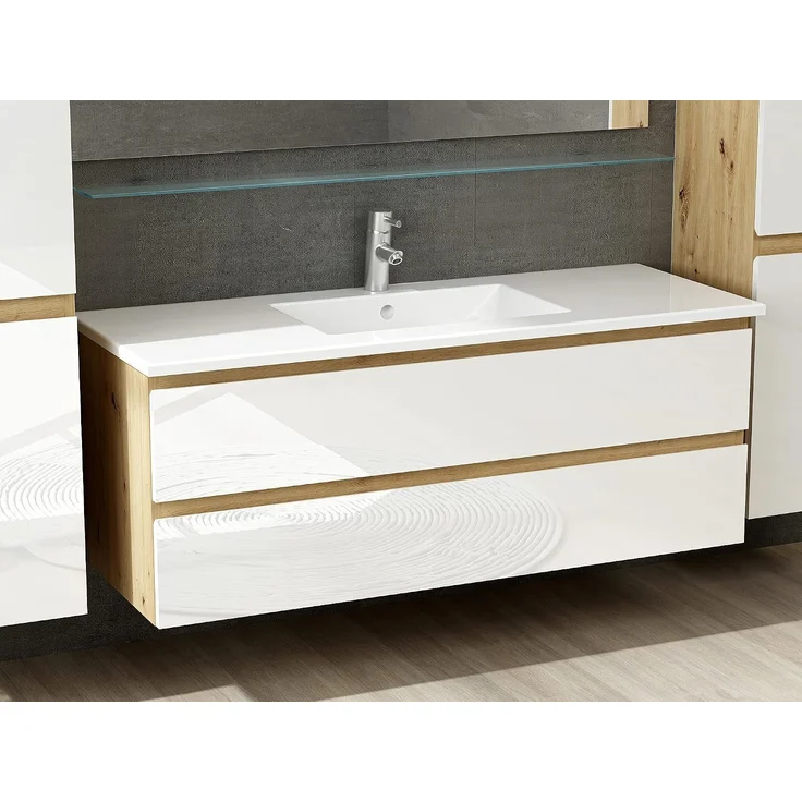 Homeline Badmöbel Set Hochglanz mit Schubladen Glas ablage (Leo Eiche Weiß, 120 cm Einzelbecken ohne Hochschrank) – Bild 3