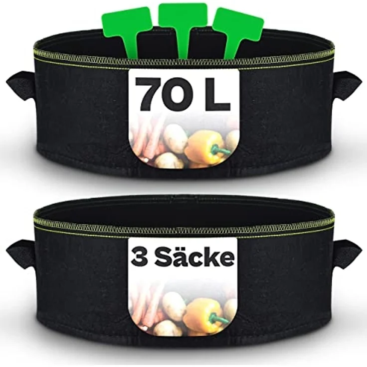 Praknu Pflanzkübel Hochbeet Pflanzsack 70L - 3-STK Vliesstoff - 3 Schilder - Beschriften (3er Set, 3 St), mit Griff - Für Gemüse, Pflanzen & Blumen - Stofftöpfe - Grow Töpfe – Bild 1