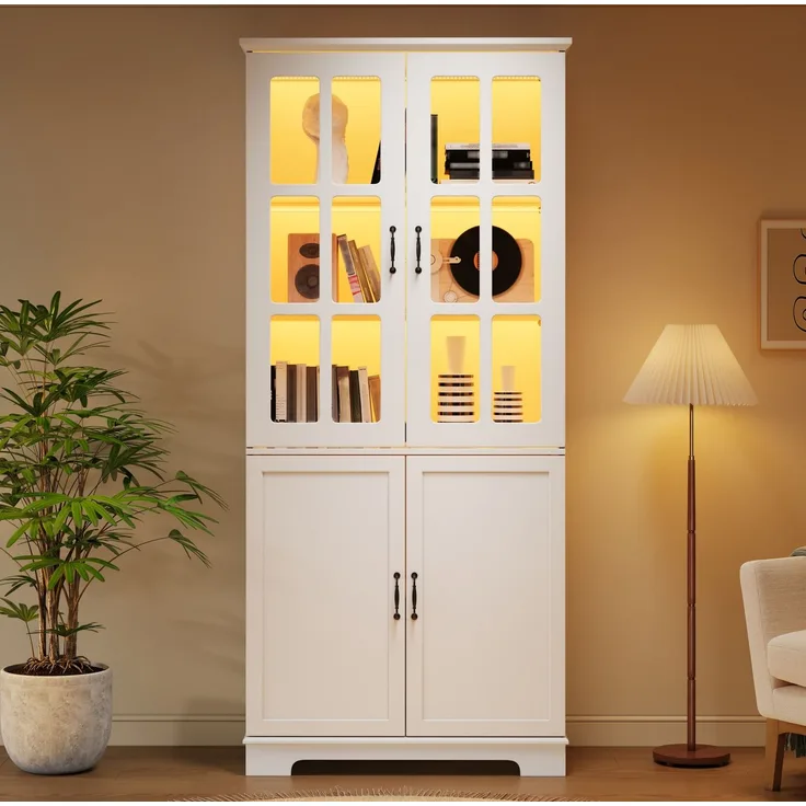 DESVIAE Vitrine mit LED-Beleuchtung und Glastüren 80x180x38 cm Spanplatte Weiß