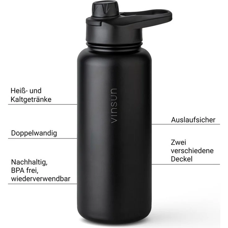 Vinsun Isolierflasche Edelstahl Trinkflasche 750ml Strohhalm - 2 Deckel Thermoflasche, BPA frei, doppelwandig, auslaufsicher, bruchsicher, geruchsneutral – Bild 2