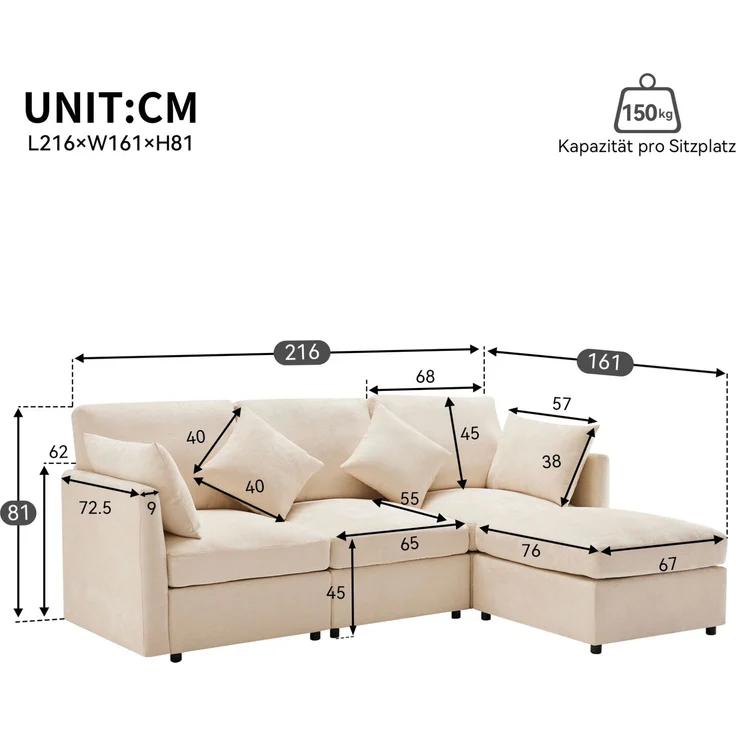 DESVIAE Sofa modular mit Hocker und 4 Kissen 216x81x161 cm Chenille Beige – Bild 10