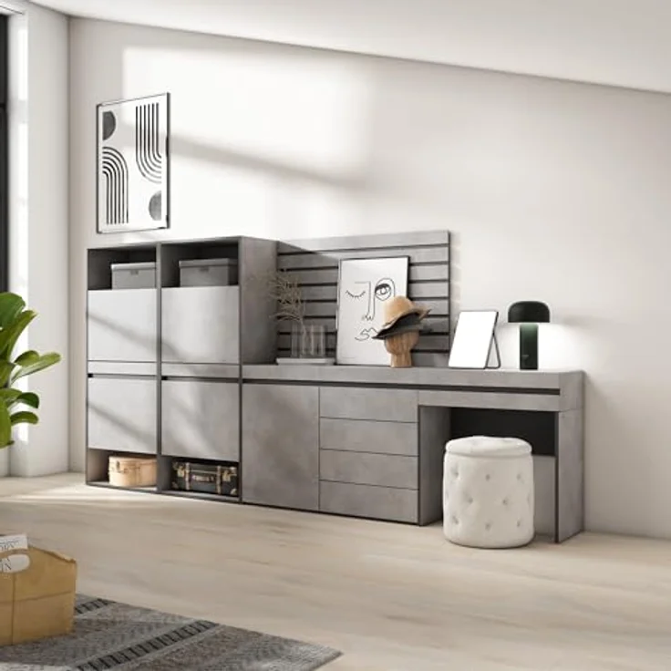 Skraut Home | Schuhregal, Schuhschrank | Schuhaufbewahrung | 297 x 145 x 35 cm | Für Schlafzimmer, Zimmer | Kommode mit Schubladen | Lamellenwand Holz | Schminktisch | Moderner Stil | Zement – Bild 2