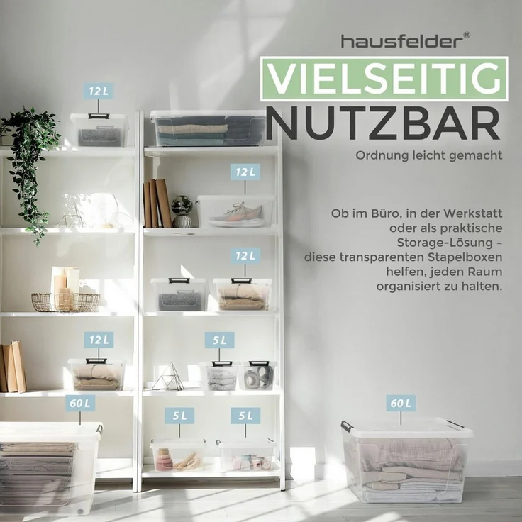 Hausfelder Aufbewahrungsbox Ordnungsboxen mit Deckel und Verschlussclips,12 l, 4 Stück (4er Set, 4 St, 4 Boxen + 4 Deckel), stapelbar, mit Klickverschluss, in drei Größen erhältlich – Bild 3