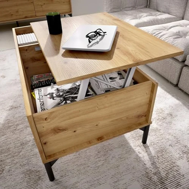 Dmora - Cuna-Couchtisch, Wohnzimmer-Zeitungsständer mit Ablagefach, niedriger hochklappbarer Couchtisch, 99 x 60 x 41 cm, Nodi-Eiche – Bild 4