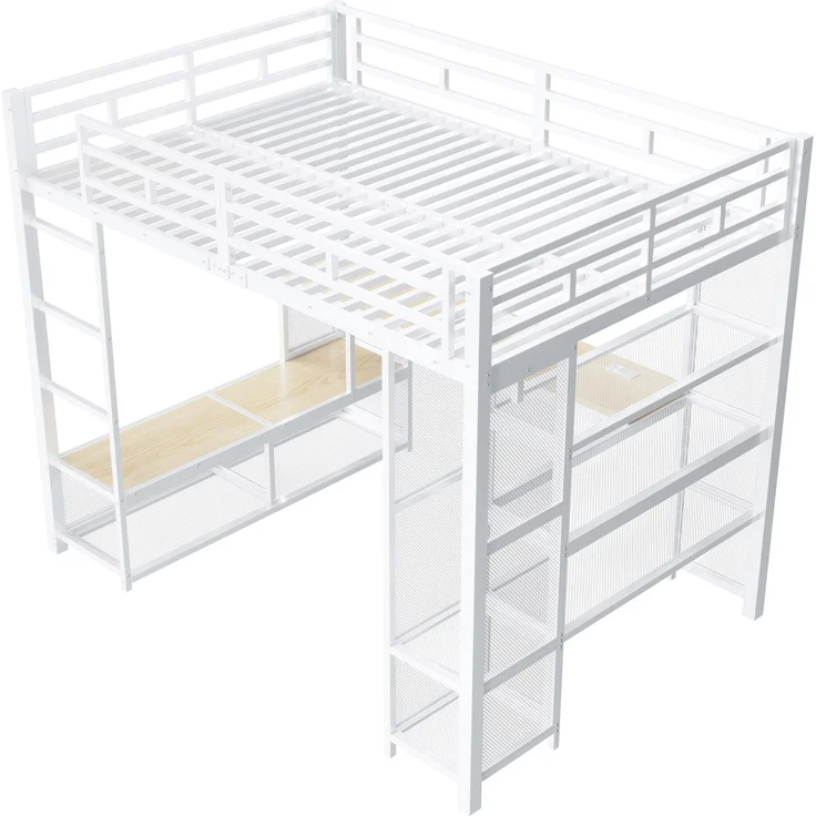 U-life Metall-Hochbett 140x200 cm mit Schreibtisch, offenem Kleiderschrank, LED-Beleuchtung und USB-Ladestation, Weiß – Bild 9