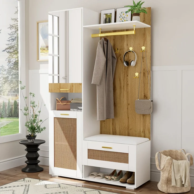 Garderoben-Set mit Spiegel, LED-Beleuchtung und Sitzbank, 110x38x190 cm, Weiß/Holz – Bild 5