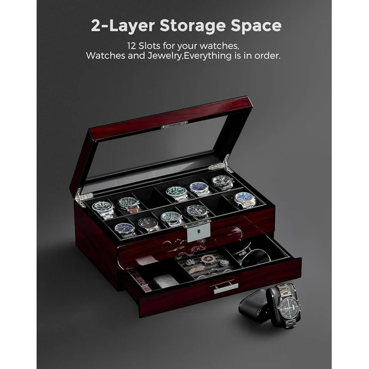 Uhrenbox Herren Watch Box Uhrengehäuse Glasdeckel 2-Tier Organizer UJWB001Y – Bild 2