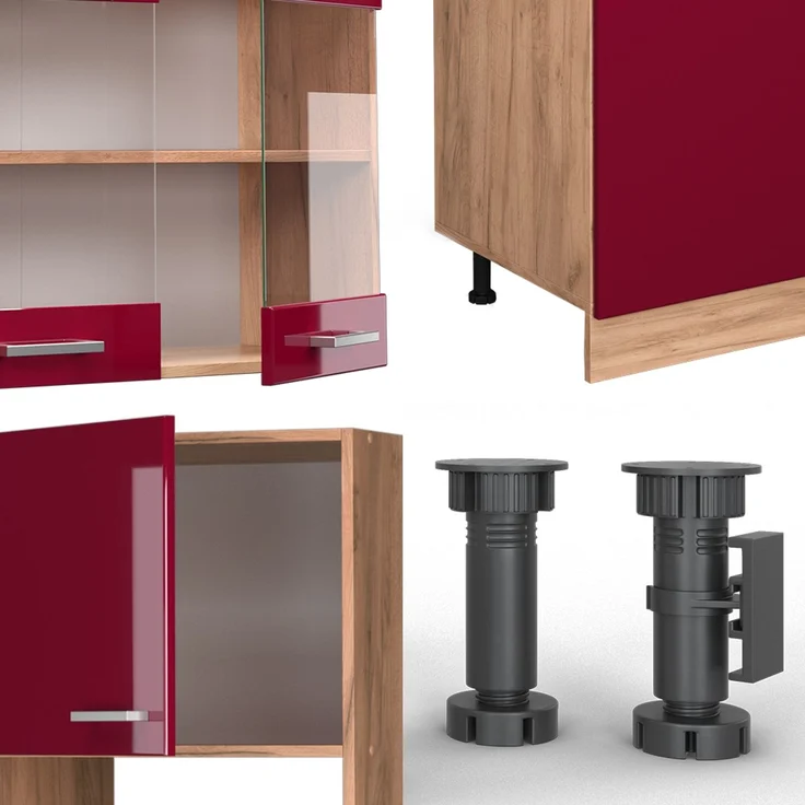 Küchenzeile R-Line Rot Hochglanz/Goldkraft Eiche 300 cm mit Hochschrank, AP Anthrazit Vicco – Bild 5