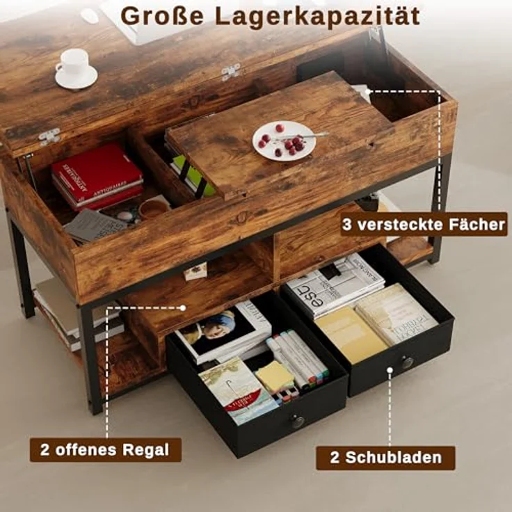 IRONCK Couchtisch Höhenverstellbar, LED Wohnzimmertisch mit Steckdosen | 2AC+USB+USB‑C, Kaffeetisch Holz, 2 Schubladen, Umwandelbar Esstisch 100×80cm, Vintagebraun – Bild 6