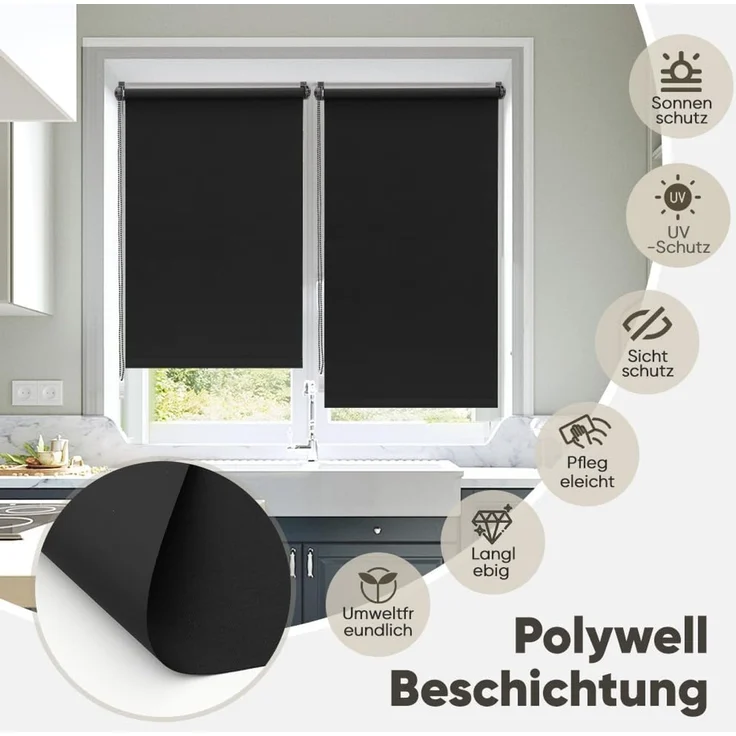 Sekey Seitenzugrollo Verdunkelung ohne Bohren Blickdicht Schwarz 60x130cm – Bild 2