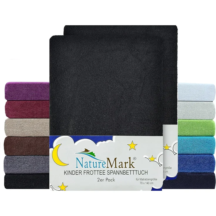 NatureMark Spannbettlaken Frottee Spannbettlaken, 80% Baumwolle / 20% Polyester, Gummizug: rundum, (2 Stück), 2er Set Kinder Spannbettlaken Frottee, Spannbetttuch 80% Baumwolle / 20% Polyester, für Babybett und Kinderbett, 70x140 cm - Schwarz – Bild 1