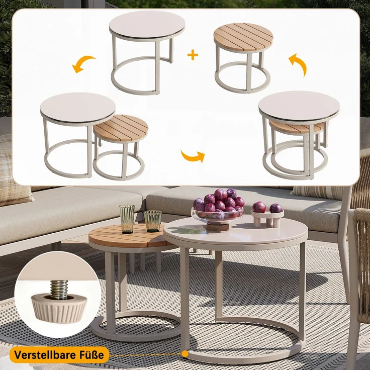 Merax Gartenlounge-Set für 5-6 Personen, 6-Sitzer Gartenmöbel-Set Sitzgruppe mit 2 stapelbaren Couchtische, Beige – Bild 5