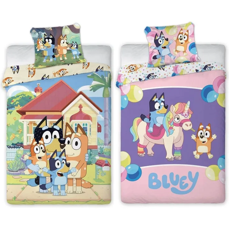BrandMac Bettwäsche Bluey - 2 x Bettwäsche-Set Wendemotiv im Doppelpack, 135x200 & 80x80, Baumwolle, 100% Baumwolle