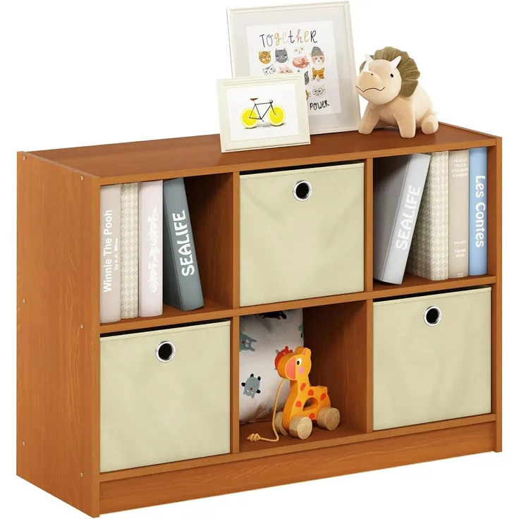 Furinno Basic Bücherregal mit 6 Fächern und 3 Einschüben, eiche, Helle Kirsche/Elfenbein, 30. 23x80. 26x59. 94 cm