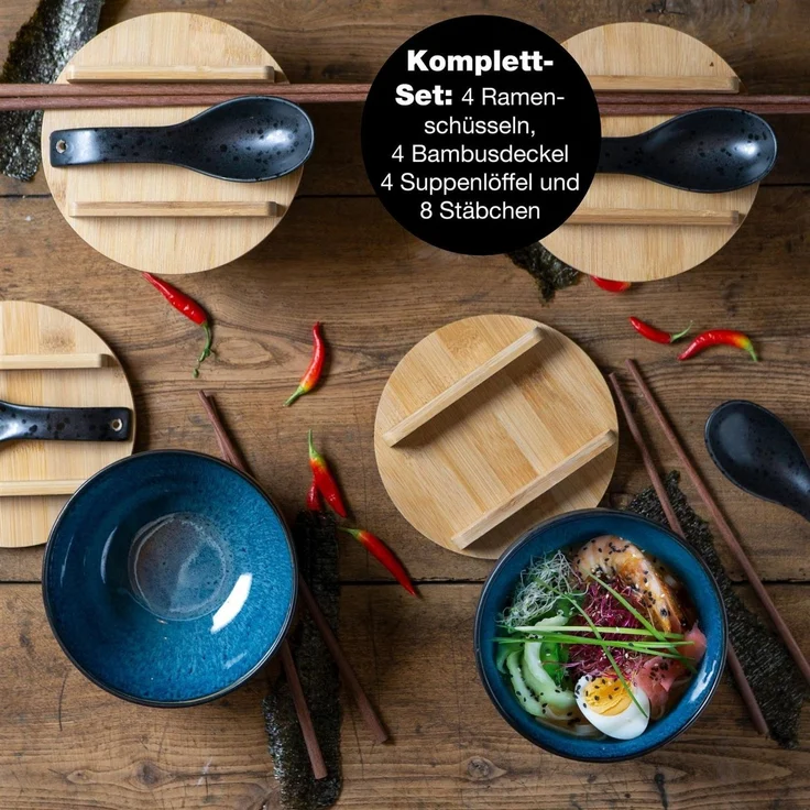Moritz & Moritz Suppenschüssel Moritz & Moritz SOLID 4x Ramen Blau, Keramik, (4 Personen, 20-tlg), Ramen Bowl Set – Bild 2
