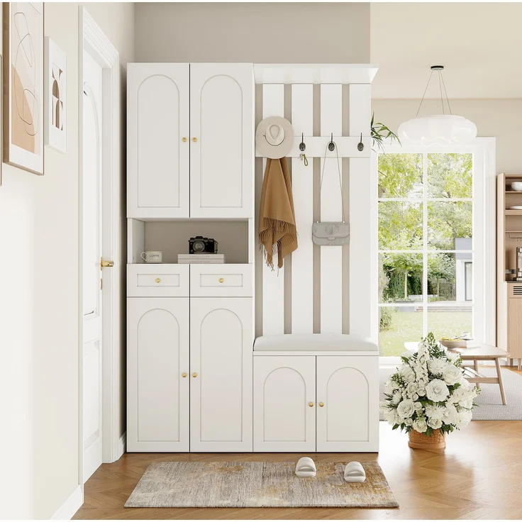 DESVIAE Garderobenschrank-Set mit Schuhbank, 110x180x37 cm, Spanplatte Weiß, 2 Schubladen und 4 Haken – Bild 4