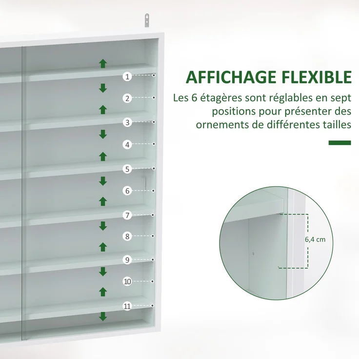 Wandvitrine für Sammlerstücke, 6 höhenverstellbare Böden, 2 Glasschiebetüren, 80 x 9,5 x 83 cm – Bild 6