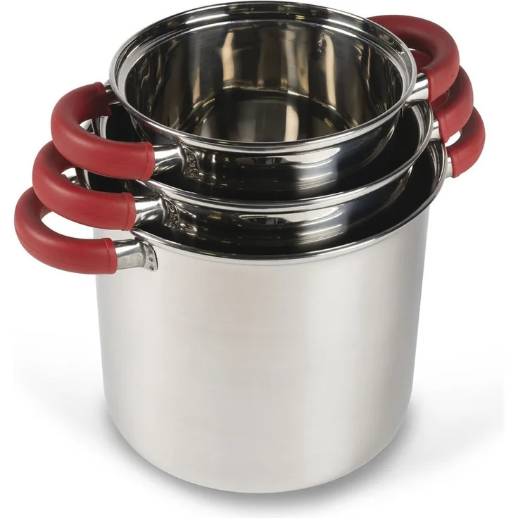 Kampa Dometic Space Saver Deluxe Cook Set, Edelstahl Topf-Set mit 3 Töpfen, 3 Deckeln, 1 Sieb, stapelbar, hitzebeständige Griffe
