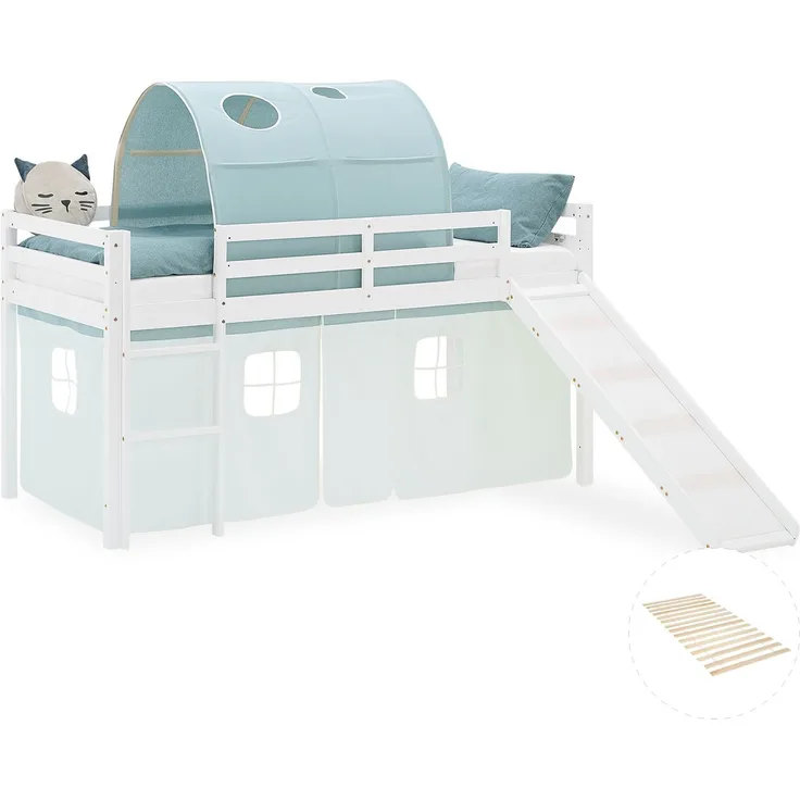 Hochbett Kinder 90x200 cm mit Rutsche Lattenrost Kinderbett Stockbett Vorhang Tunnel Grün Mintgrün Holz Massiv