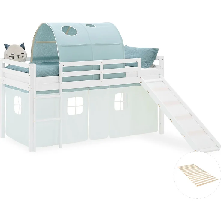 Hochbett Kinder 90x200 cm mit Rutsche Lattenrost Kinderbett Stockbett Vorhang Tunnel Grün Mintgrün Holz Massiv – Bild 1