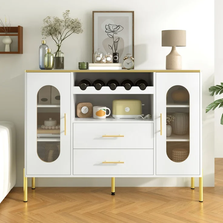 Merax Weißes Sideboard, Glasfronten & Weinregal – Sideboard für Esszimmer & Wohnzimmer – Verstellbarer Fuß – Viel Stauraum – Bild 1