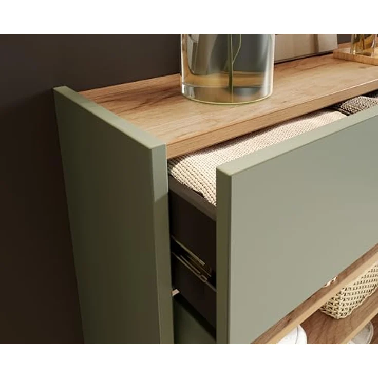 XXXL Garderobe GW-Ameca, 2-teilig in Taupegrün mit Schuhschrank und runden Spiegel, Eiche, Glas, 56x200x22 cm – Bild 3