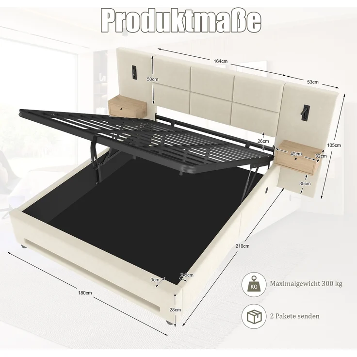 TavilaEcon Boxspringbett mit Samtkopfteil, praktischen Stauschubladen und LED-Nachtlicht beige Liegefläche 180 × 200 cm – Bild 2