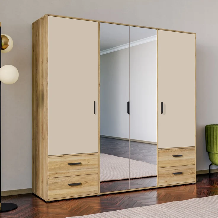 Forte MOKKARO Kleiderschrank 200, moderner Drehtürenschrank, 4-türig, 4 Schubladen, Spiegel, Mauvella Eiche Holzdekor|Kaschmir Beige, 205,9 cm breit x 200,1 cm hoch x 52,7 cm tief – Bild 1