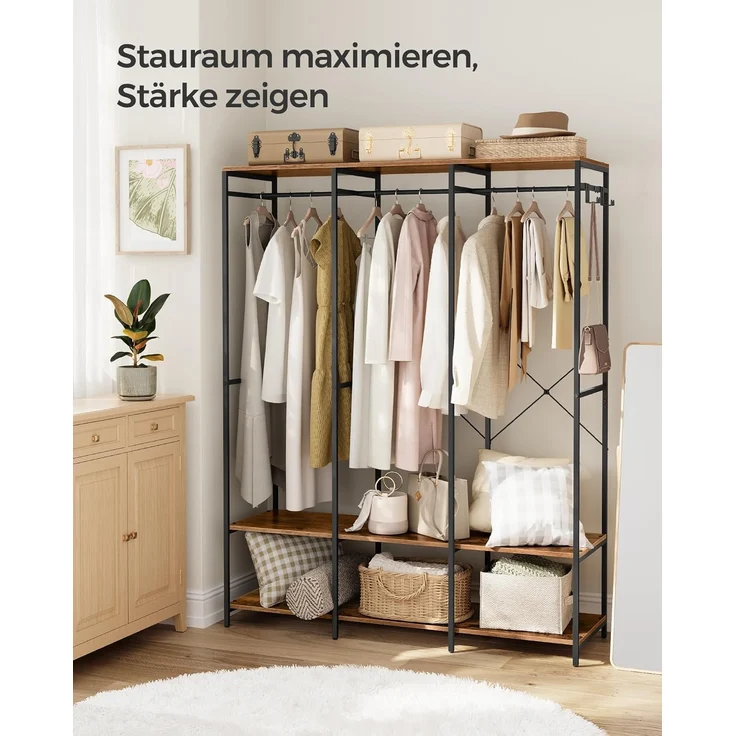 SONGMICS Kleiderschrank offen, Kleiderständer, Garderobenständer, Garderobe mit Kleiderstange, Ablagen, abnehmbare Haken, 40 x 141 x 180 cm, vintagebraun RGR005B01 – Bild 3