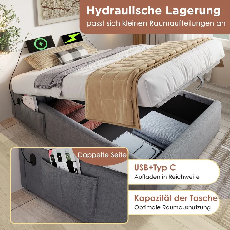 Polsterbett Bettgestell mit Stauraum & USB-Anschluss, 91x192x29 cm, Grau, ohne Matratze – Bild 6