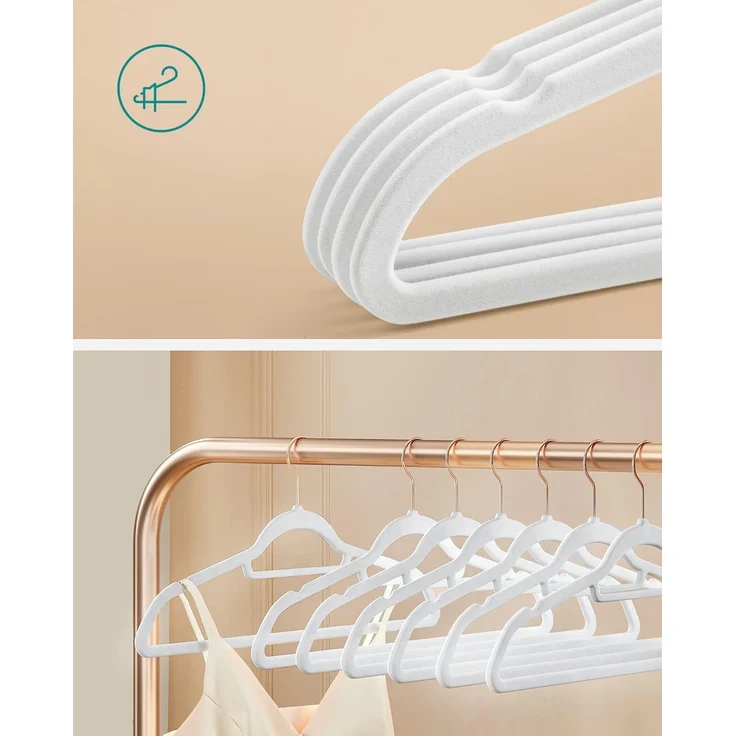 SONGMICS Kleiderbügel Samt, 50er Set, Bügel, rutschfest, kleine Stange für Krawatten, 360° drehbarer Haken, 0,6 cm dick, platzsparend, 43,5 cm lang, für Mäntel, Hosen, Roségold-Weiß CRF021W02 – Bild 3
