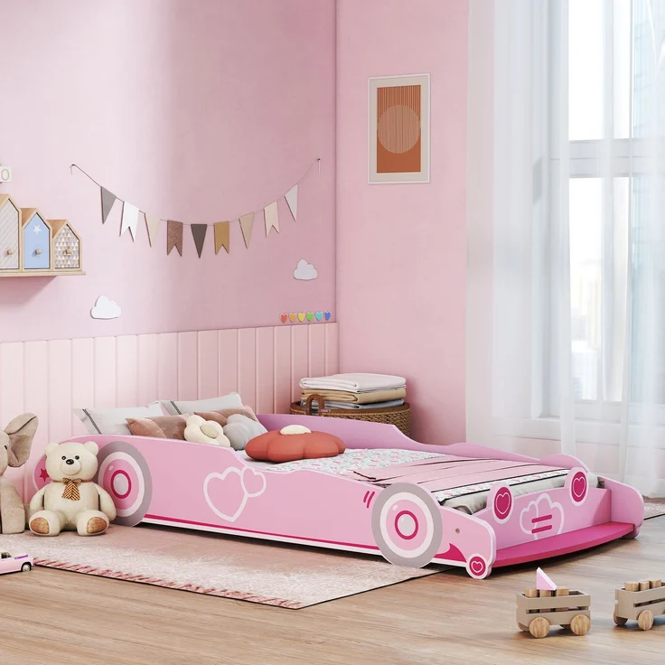 JARDJ Autoförmiges Kinderbett für 3- bis 5-Jährige mit erhöhten Sicherheitsseiten, 140 x 70 cm, Rosa – Bild 4