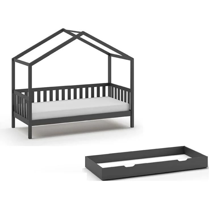 Hausbett Kapua 210x97x170 Kinderbett Massivholz Anthrazit – Bild 1