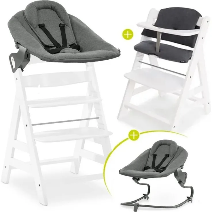 Hauck Hochstuhl Alpha Plus White Newborn Set, Holz Babystuhl ab Geburt inkl. Aufsatz für Neugeborene & Sitzauflage