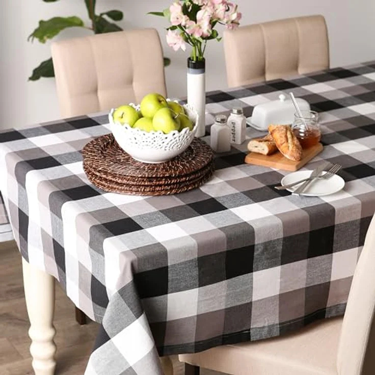 DII Tri-Color Check Collection Tischdecke, 100% Baumwolle, rund, 178 cm, Schwarz – Bild 4