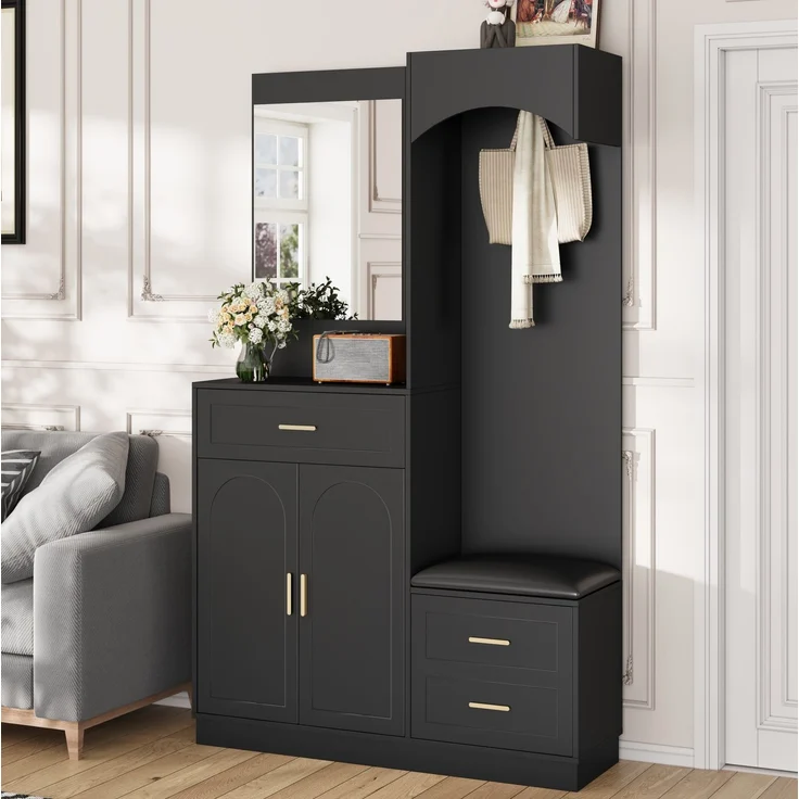 Kompaktgarderobe mit Schuhschrank, Schuhbank, Kosmetikspiegel, verstellbare Einlegeböden, MDF Schwarz, platzsparend – Bild 6