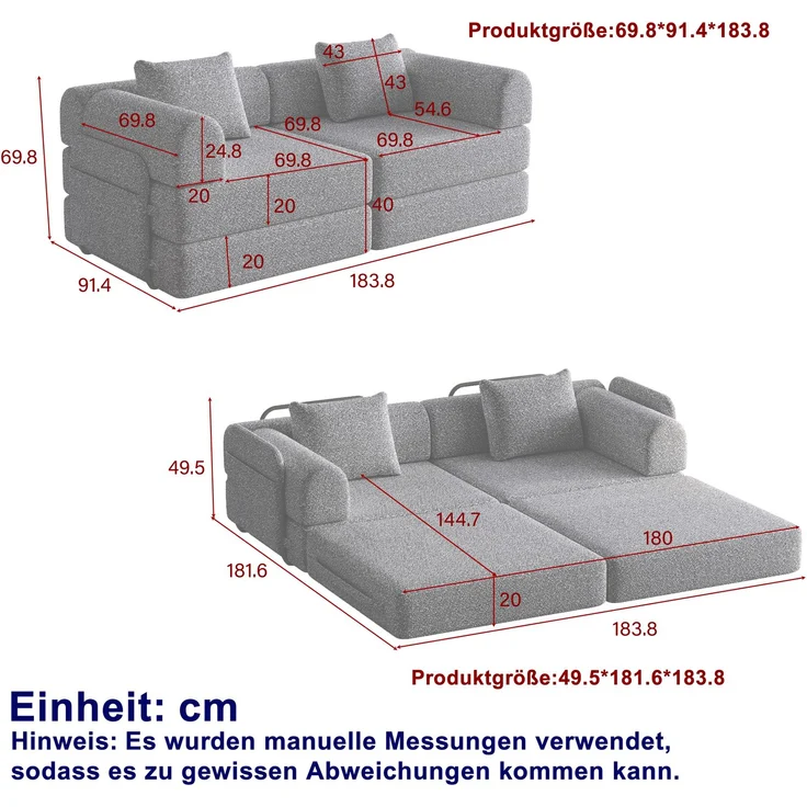 Schlafsofa mit Ablagefach & Stahlrahmen, wandelbarer Einzelsitz Sofa Bett mit rutschfester Unterlage,2-Sitzer,khaki – Bild 5
