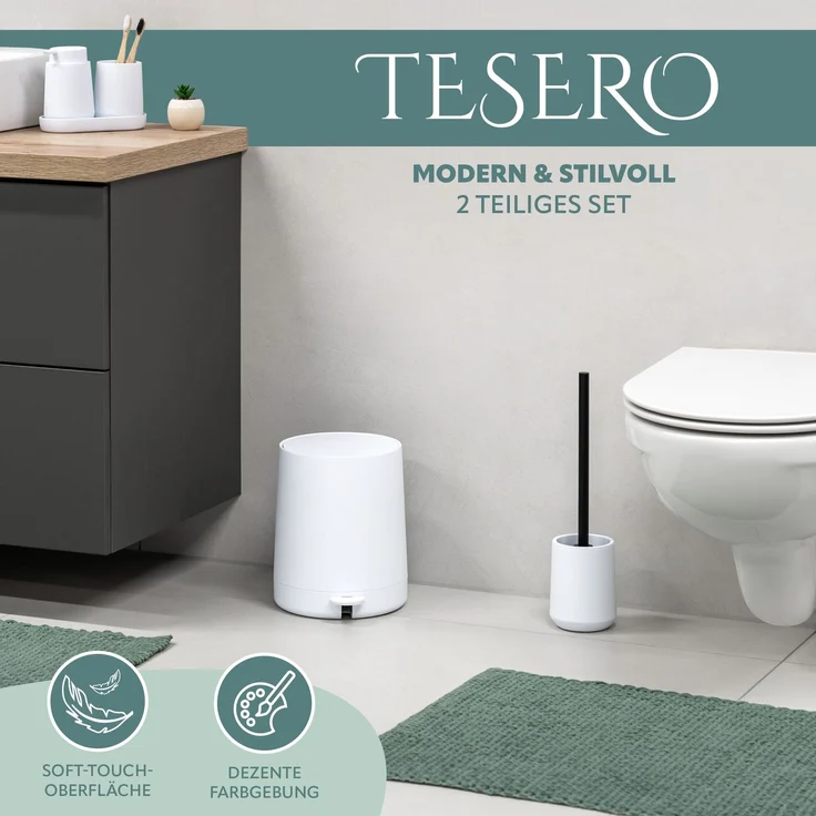 Bad-Accessoires Set TESERO 2tlg. bestehend aus 1x WC-Garnitur, 1x Kosmetikeimer aus Kunststoff in Weiß – Bild 2