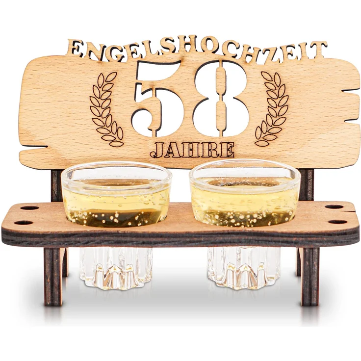 DARO Design - Schnapsbank 58. Hochzeitstag Engelshochzeit Geschenk Deko für Paare Männer Frauen aus Holz mit Gläsern