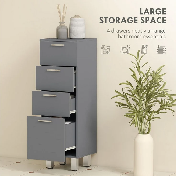 Kleankin Badkommode verstellbar Regal Toilettenschrank (Badezimmer-Aufbewahrungsschrank, 1 St, mit Schublade, verstellbare Füße), 30 x 30 x 93 cm, Grau – Bild 4