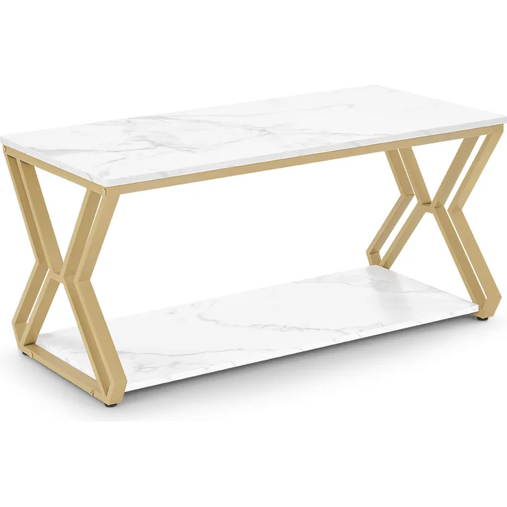 BarberPub Couchtisch Gold, Beistelltisch mit 2 Ablagen, Sofatisch aus Holz, Moderner Wohnzimmertisch Metall, Kaffeetisch für Wohnzimmer, Schönheitssalon, 2196