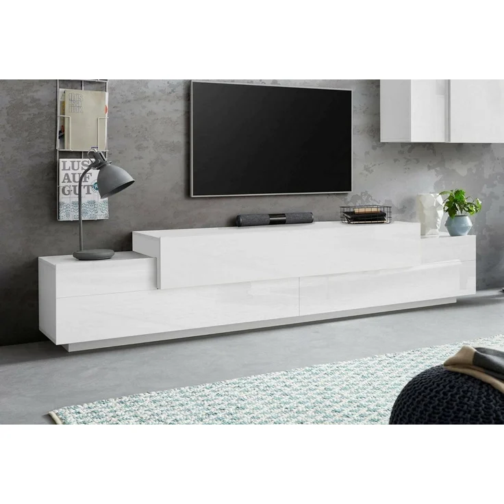 Dmora - TV-Schrank Nico, niedriges Wohnzimmer-Sideboard, Fernsehständer-Basis, 100% Made in Italy, 240 x 45 x 52 cm, glänzendes Weiß, – Bild 1